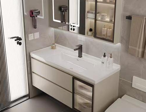 Customized Designs Bath Mirror Floating Cabinet with Acrylic Door Panel and Light