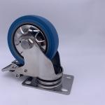 3 Inch Blue Rubber Brake Caster Wheels Stainless Steel Bracket