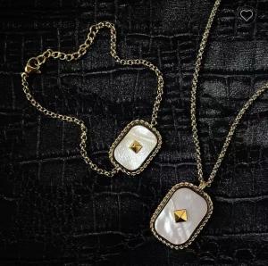 Quality Large Tag 15.7'' Stainless Steel Necklace And Bracelet Set White Fritillary Inlaid wholesale