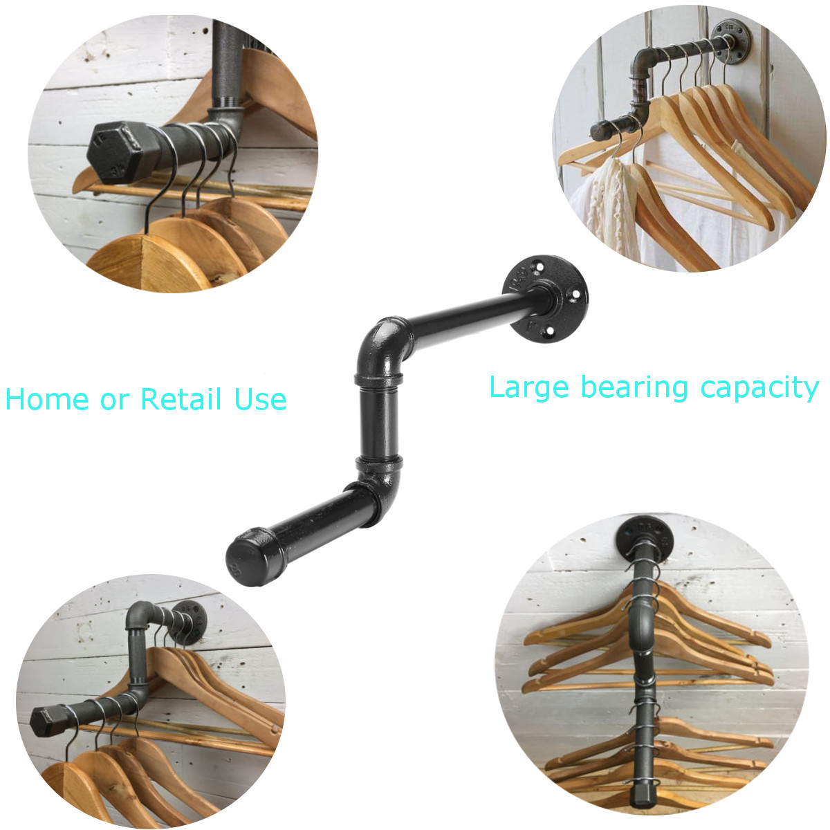 Black Industrial Iron Pipe Wall Mounted Clothes Rail Coat Towel Storage Vintage Rack Cloth Hanger Shelf
