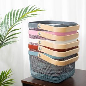 Quality Household 5L White Wire Storage Basket With Wooden Handle 5KG Load wholesale