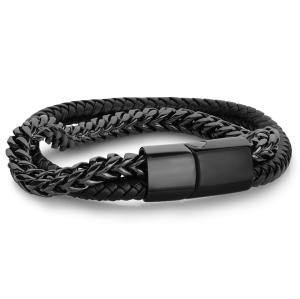 Quality Mens 316L Stainless Steel Chain Bracelet Woven Rope PU Leather Cord Wrap Bracelet wholesale