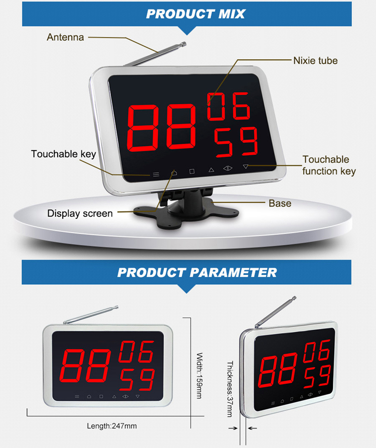 Hot sale long range wireless restaurant waiter service electronic number display system with call button