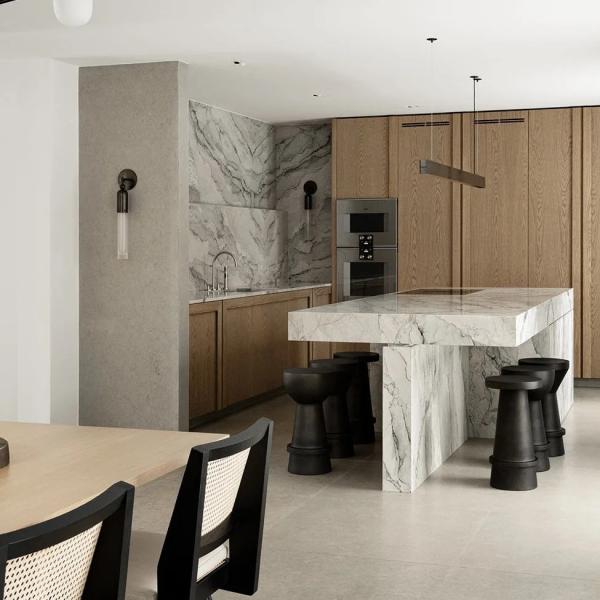 Villa White Oak Wood Veneer Kitchen Marble Countertop Frame Line Door Panel