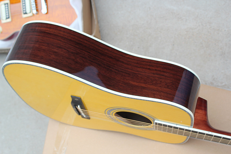 Factory custom yellow 41" full solid OM 42 acoustic guitar with ebony fretboard,Abalone binding and inlay,Wilkinson tune