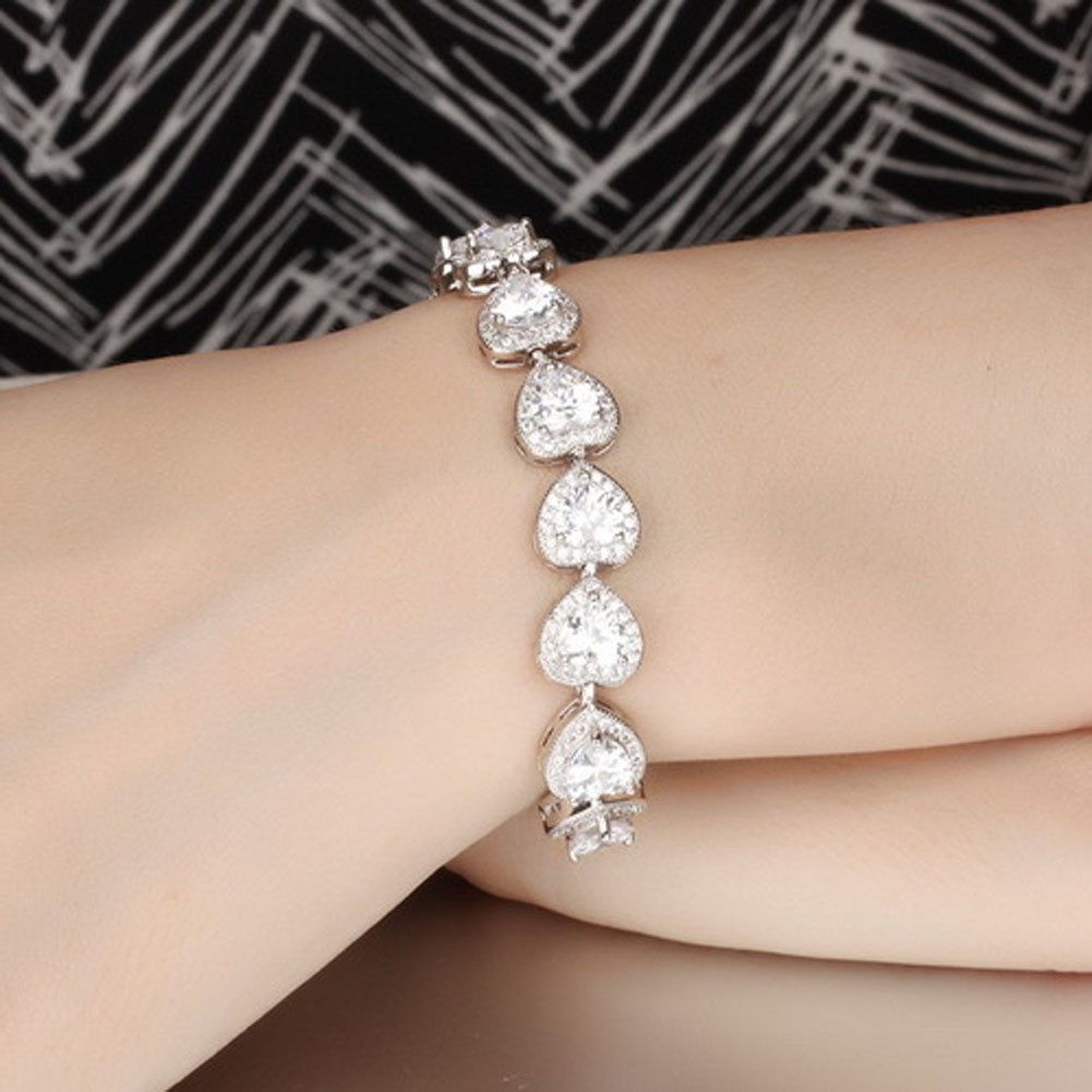 Fashion Platinum Plated Links Chain Heart Shape Clear Cubic Zirconia Tennis Bracelet (JDS949WHITE)