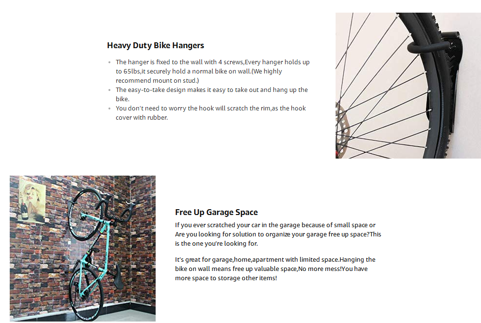 Features Bike Rack Garage Wall Mount Bike Hanger Storage System Vertical Bike Hook for Indoor Shed