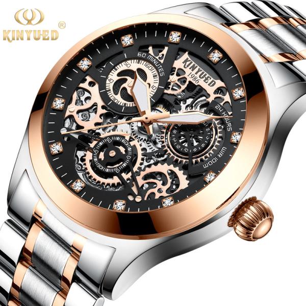 KINYUED oem waterproof custom logo leather fashion tourbillon skeleton wrist