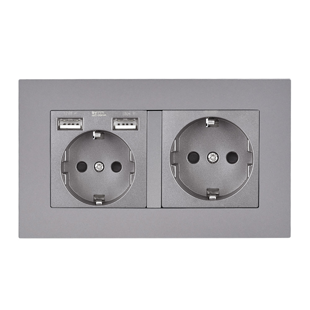 EU 2gang power socket,16A electrical plug grounded ,socket with usb, 146mm*86mm pc white/black/gold wall socket