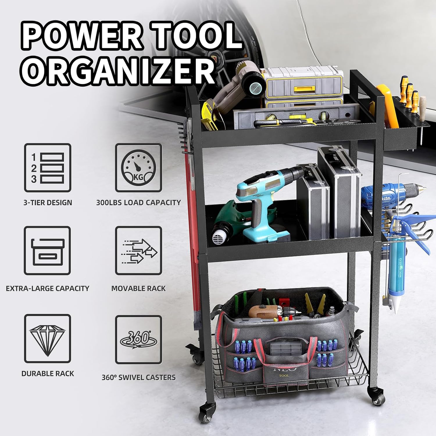 Wall Mount 3 Tier Drill Rack Shelf Rolling Cart Tool Holder for Workshop Organization
