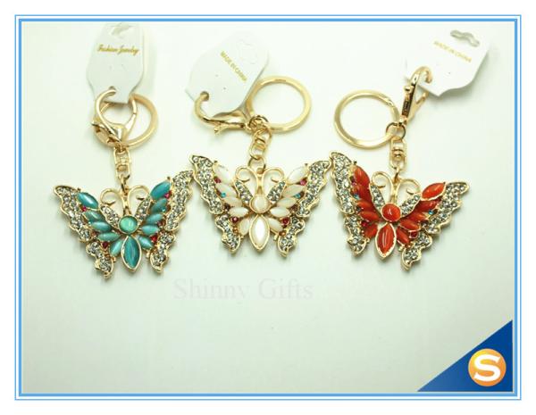 Rhinestones Butterfly Shape Keychain Zinc Alloy Gold Plated Animal Metal Crystal
