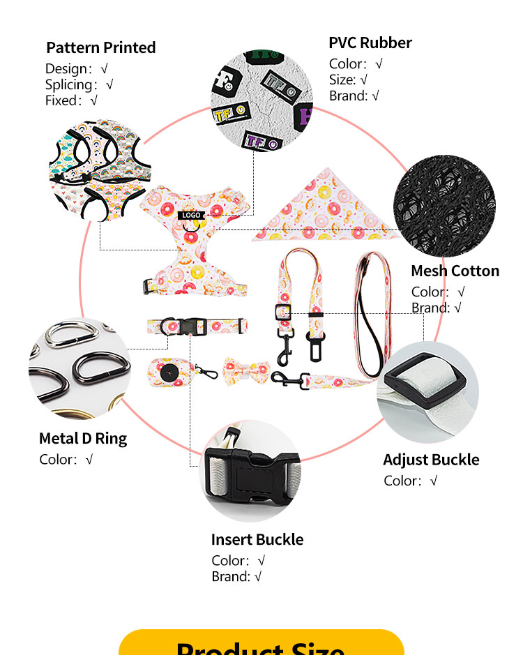 Custom Print Pattern Designer Soft Padded Dog Harness Set with Adjustable Vest Collar Leash and Bow Bandana in Various Colors