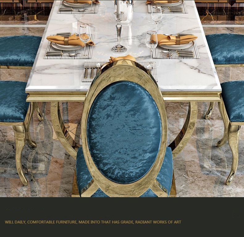 Rose Gold Luxury Dining Table And Chairs 6 Seats Stainless Steel Chair Marble