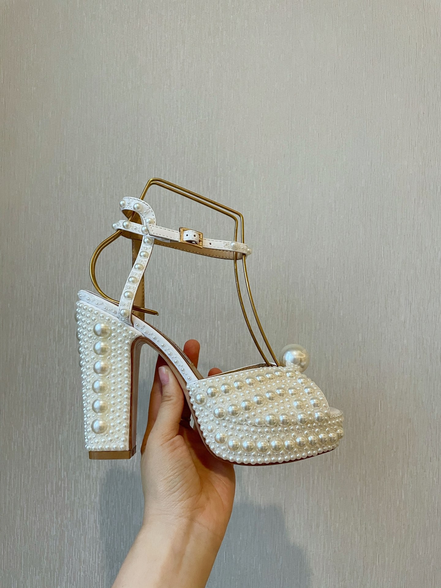 Pearl inlaid design women's high heel sandals，open toe height increasing women sandals