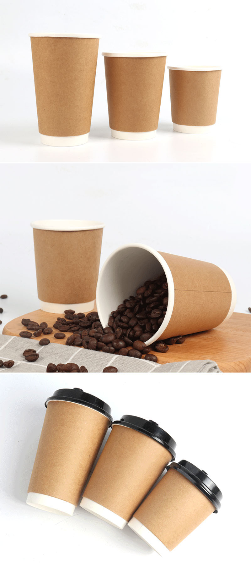 8oz 14oz 16oz Disposable Paper Hot/Cold Coffee Cups With Black PP Lid
