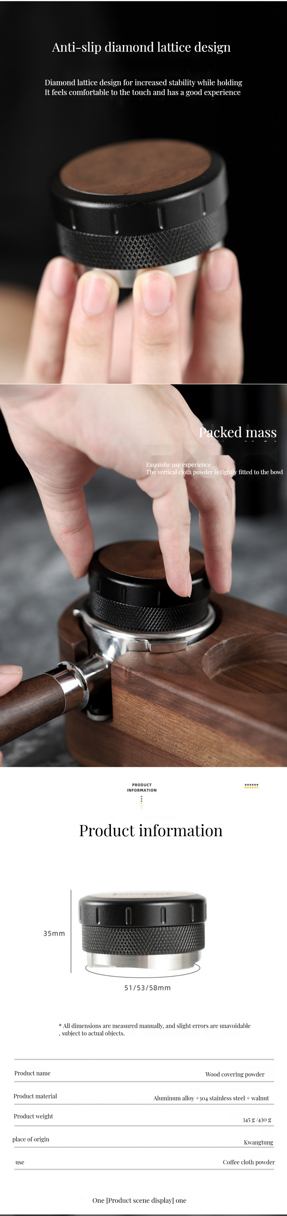 Adjustable Height Espresso Tamper Classic Style with Walnut Wood and Stainless Steel Base