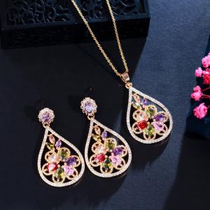 Quality Women CZ zircon pendant necklace earrings ring copper jewelry set CZ Crystal Necklace and Earring Sets wholesale
