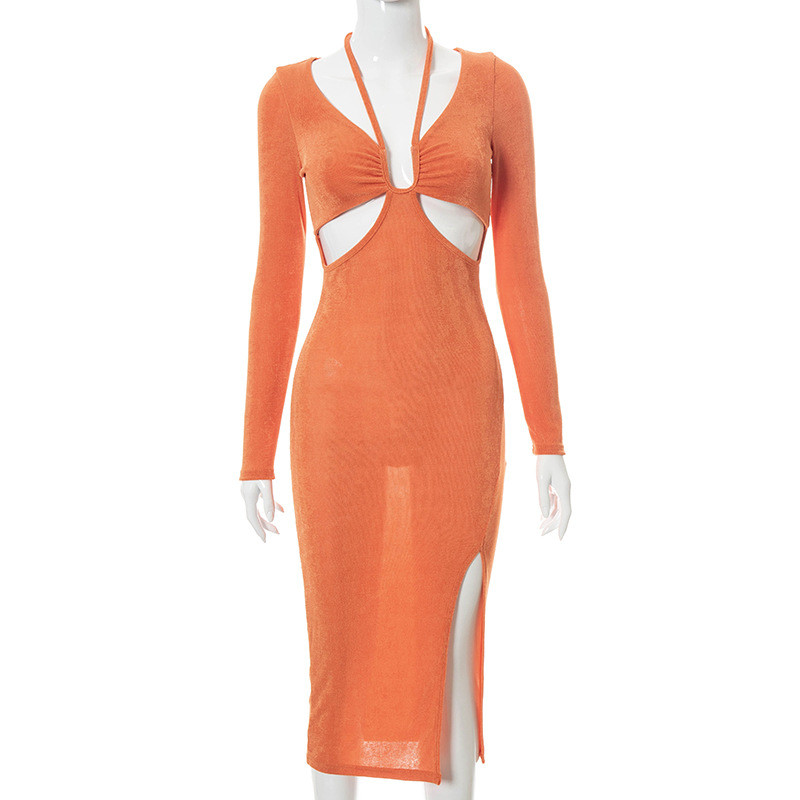 Hanging Neck Summer Casual Long Sleeve Maxi Party Dress