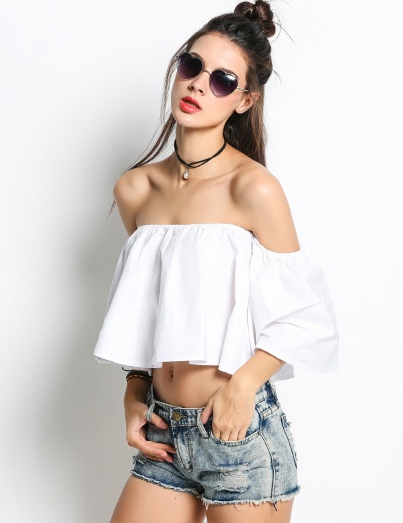 ladies tops latest design Women Off Shoulder Flare Sleeve Ruffles Solid Crop Tops