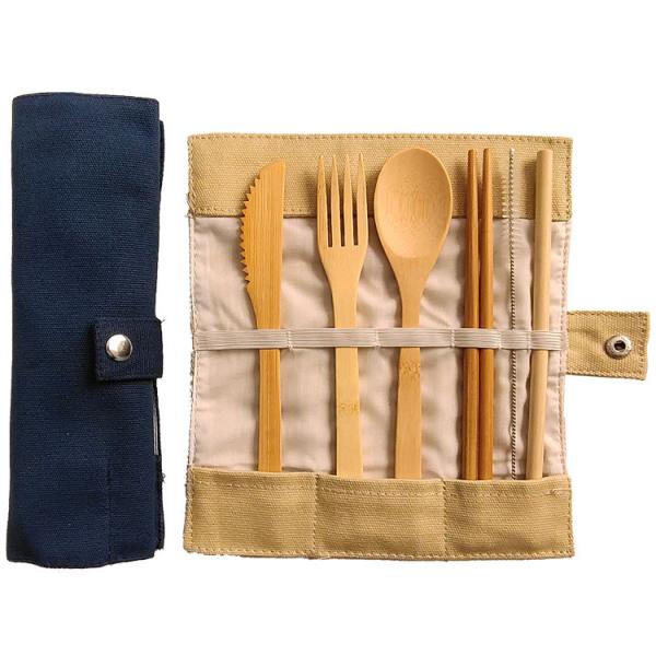 Portable Bamboo Travel Cutlery Set Chopsticks Spoon Straw Six Piece Cloth Bag