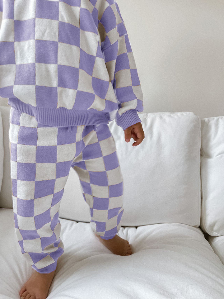 2PCS Customized Checkerboard Sweater Set 100% Cotton Knit Wear For Little Girls