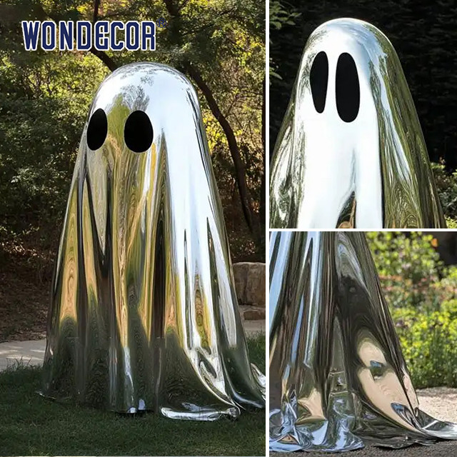 Customized polished stainless steel ghost statue for modern outdoor landscape