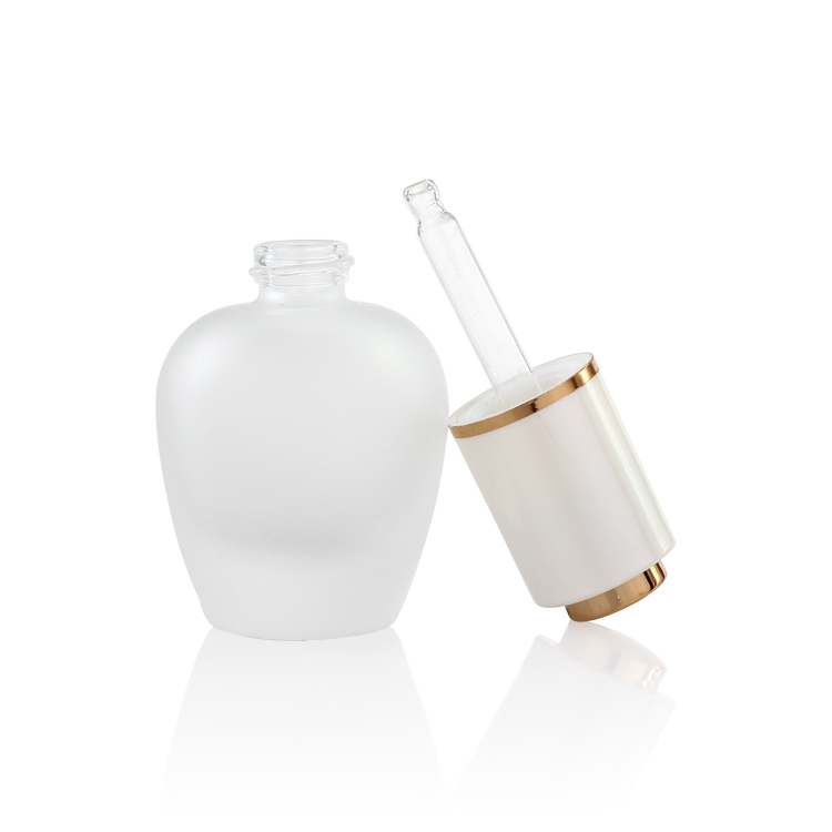 Newest Design 30ml Round Frosted Glass Face Serum Bottle With Luxury Aluminum Lid Cherry Shape Skincare Serum Bottle OEM