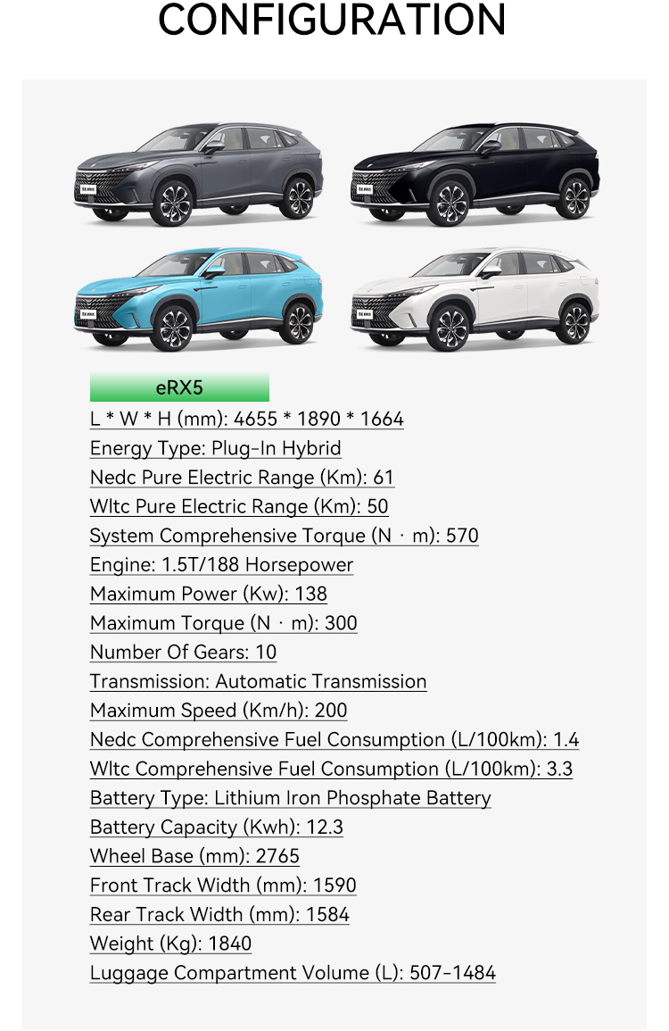 2022 ROEWE eRx5/ROEWE RX5 eMAX Left Hand Drive Hybrid SUV Maximum Torque N m 300 0km Used Cars Energy Electric Vehicle