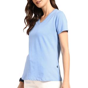 Quality Hot Sale Custom Logo Blue Deep V neck Pure Cotton Short Sleeve Shirts For Women wholesale