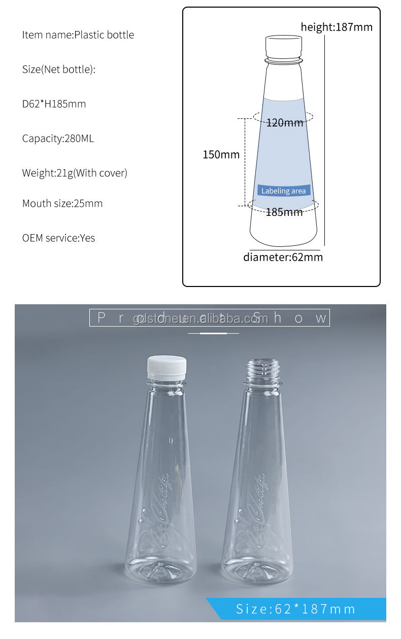 25mm Water PET Plastic Bottles Transparent Clear 280ml