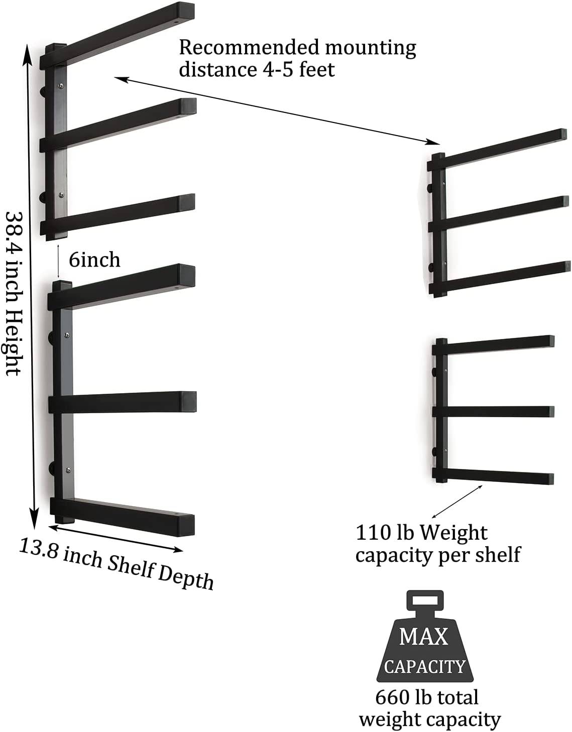 6 Levels Wall Mounted Steel Storage Rack for Lumber Skis and Pipes Storage Holders Racks