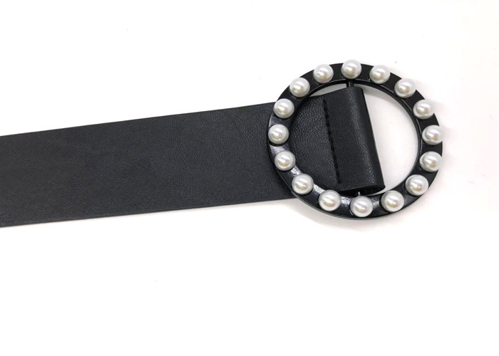 Black Women's Fashion Leather Belts With Round Pearl Buckle 4.5cm Width