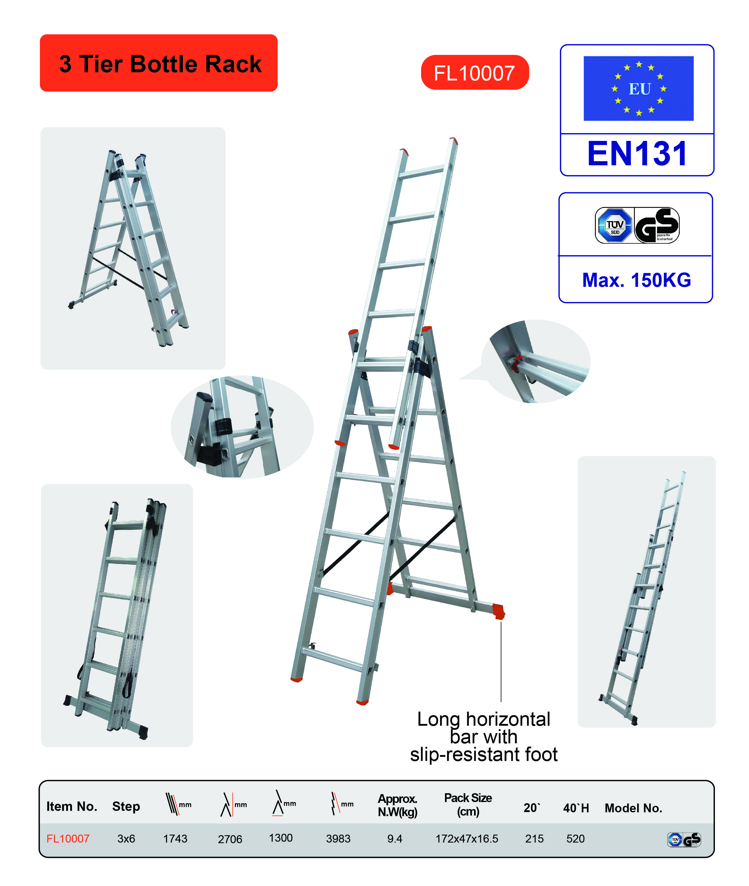 Compact Design Aluminium Telescopic Ladder 3x6 GS EN131 Certificated