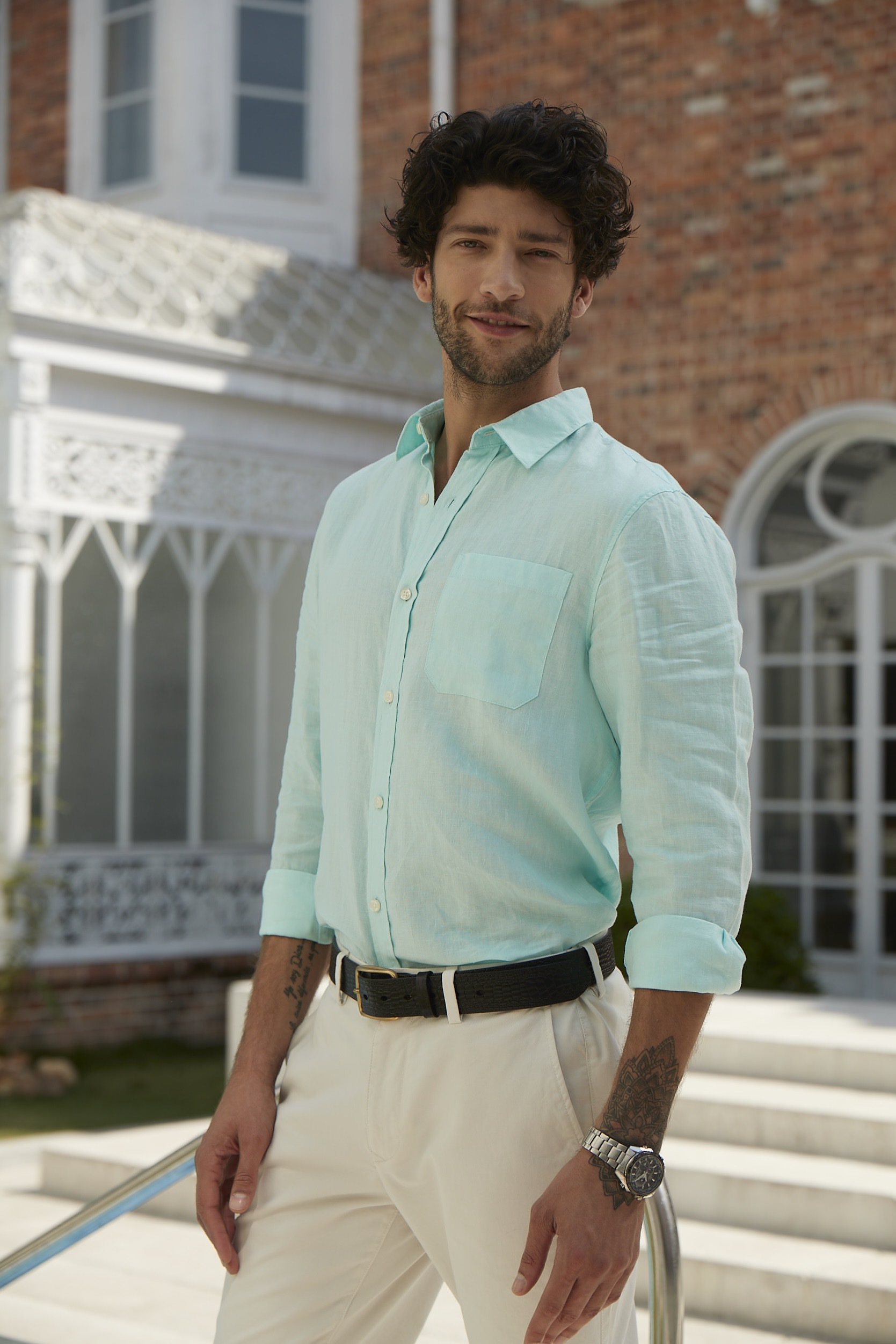 Water Green Long Dress Business Linen Men'S Pajamas