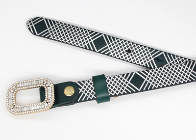 1.8cm Ladies Skinny Full Leather Belt Glass Stone Buckle