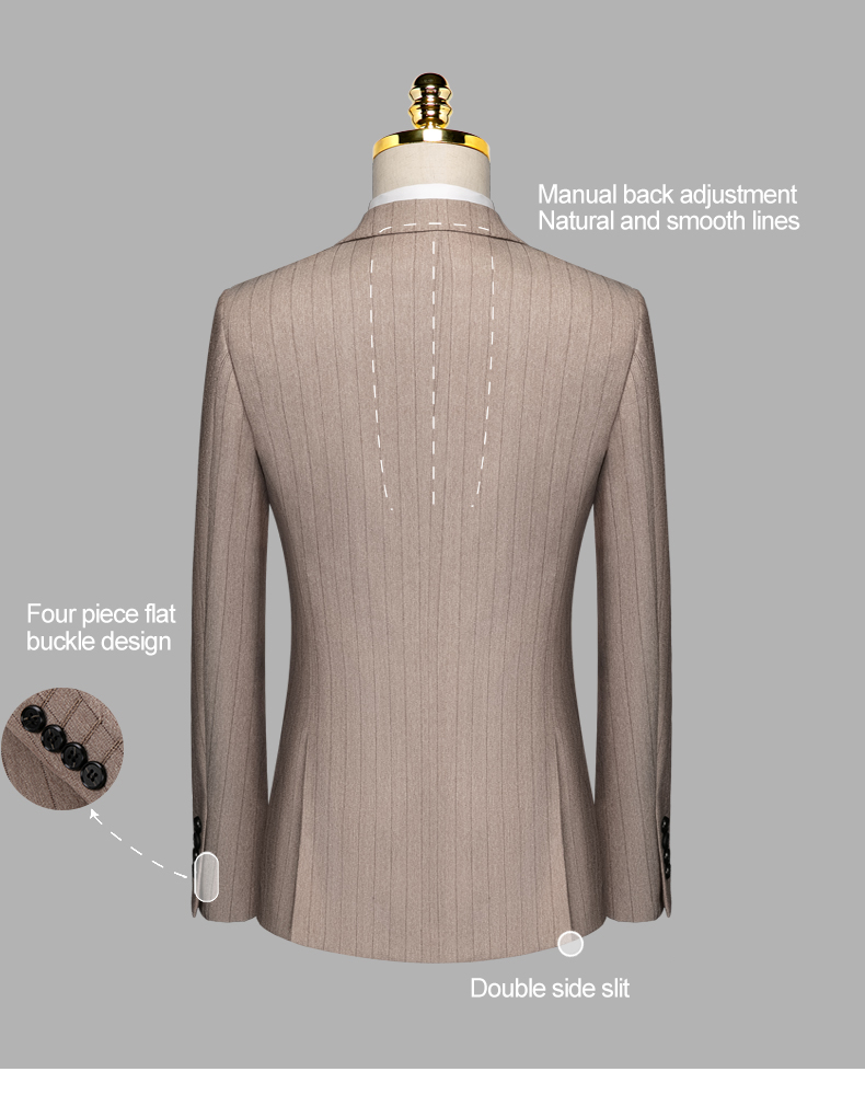 Men's Business Casual Formal Suit Custom Brown Striped Slim Fit with Mandarin Collar