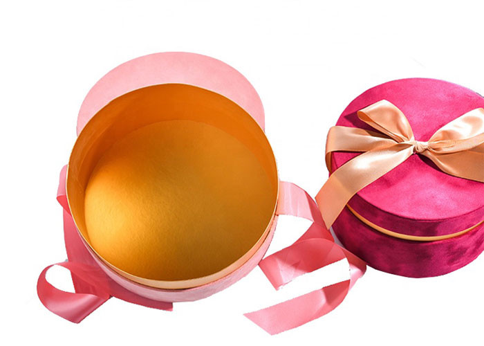 Round Glitter Velvet Jewelry Box , Suede Gift Box Stamping Logo With Top Ribbon