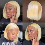 Short Bob Straight Human Hair blonde Lace Closure Wig Transparent 13X4 Lace
