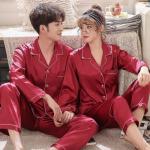 Women Men Sleepwear Valentines Long Sleeve Plain Silk Pajamas Plus Size