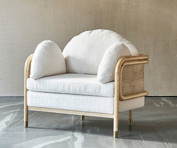 Wood Rattan Living Room Simple Sofa Country Style Sponge Upholstery Teddy Fabric