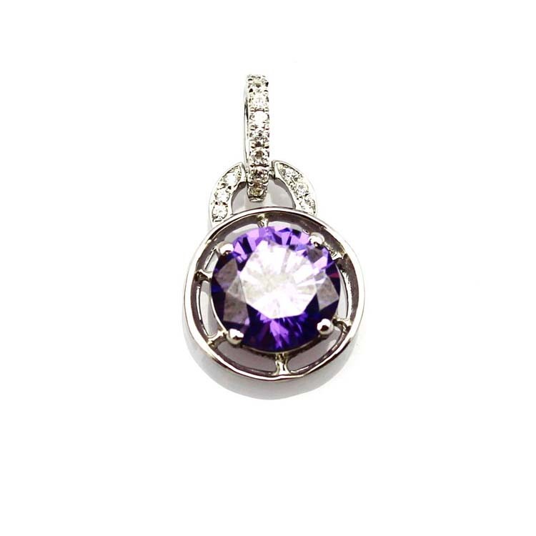 Sterling Silver 9mm Round Amethyst Cubic Zircon Pendant 925 Silver Chain (PSJ045)