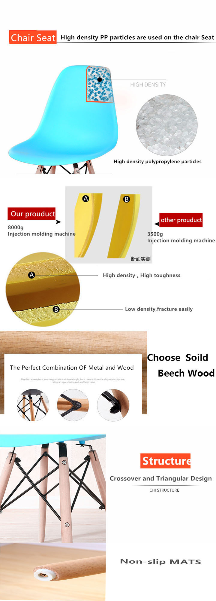 Modern style wood leg stackable plastic chair