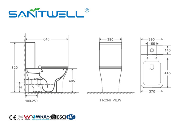 Ceramic White Color Close Coupled Toilet / Washdown Two Piece Toilet