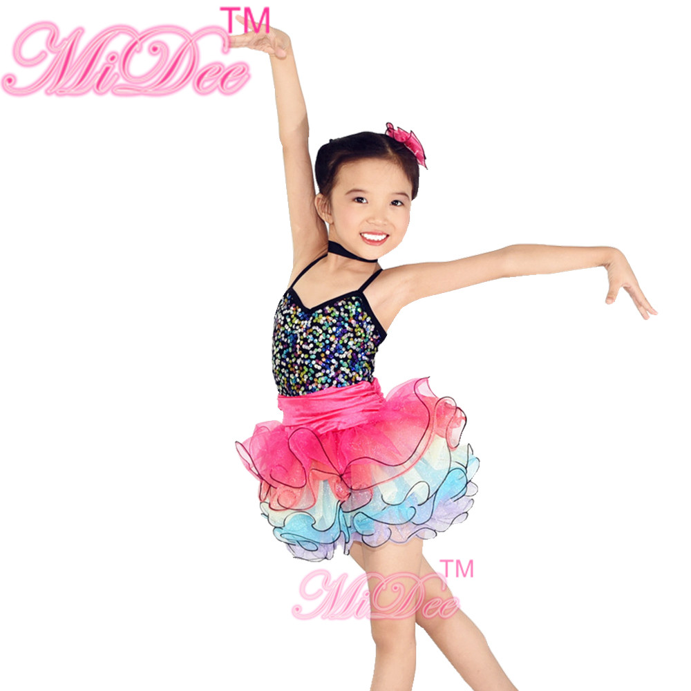 Rainbow Kids Dance Clothes Curly Hem Skirt Sequin Tiered Dress Back Straps Cross
