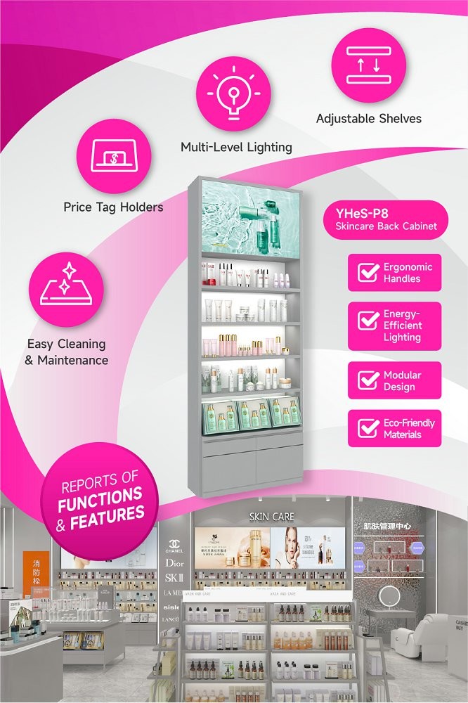 YHeS-P8 Adjustable Shelves Skincare Display Rack for Department Store Counters