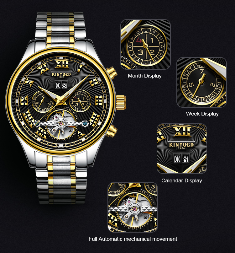 Black dial fashion brand KINYUED watch tourbillon automatic mens watch mechanical