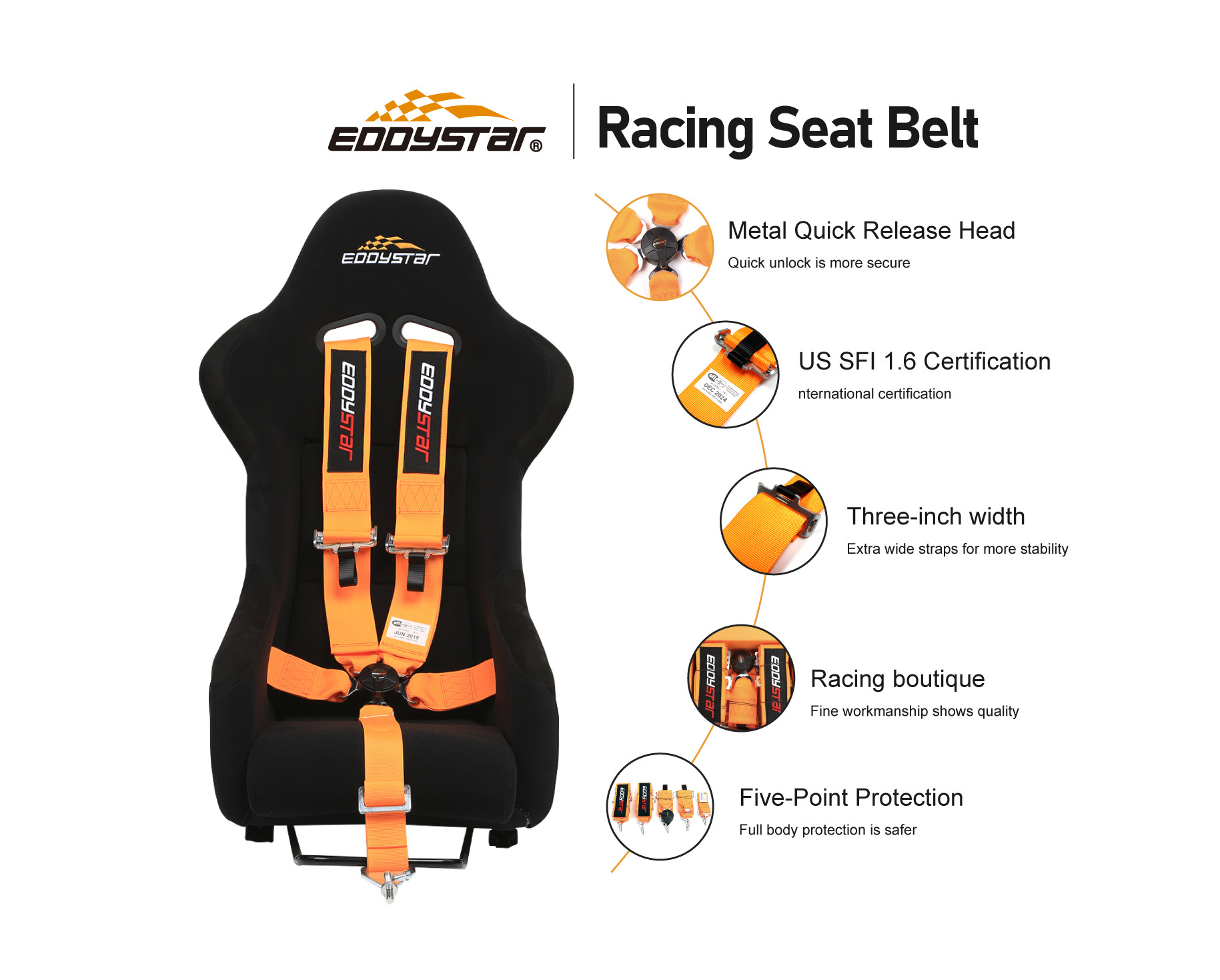 EDDYSTAR Nylon Five Point Seat Belt Black Color Five Point Racing Harness