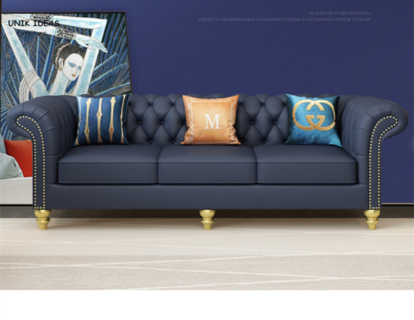 Contemporary Black Blue Leather Sectional Sofa Living Room Leather With Ottoman