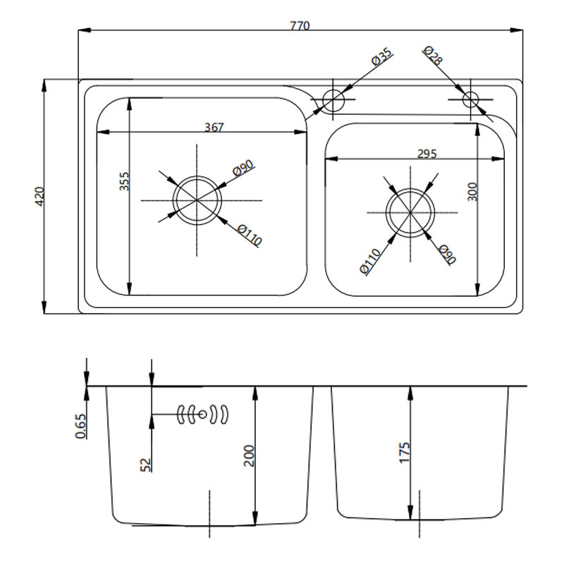 Restaurant Stainless Steel Kitchen Sink Polished Brushed 770×420×210mm