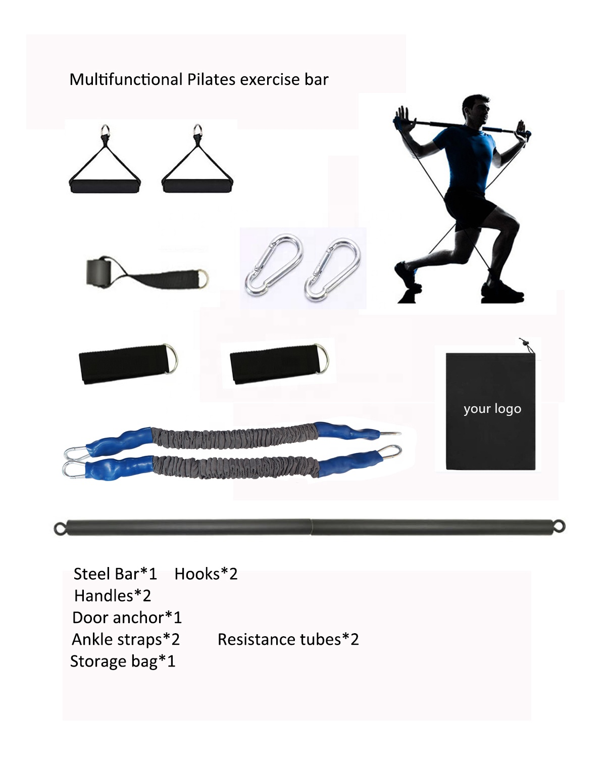 Custom 100cm Pilates Bar Kit With Resistance Bands Gym Yoga Exercise